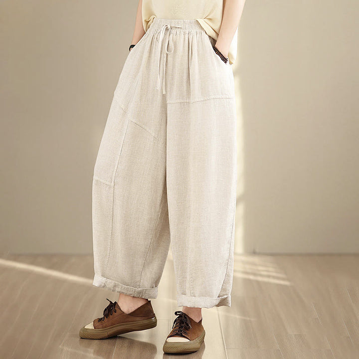 Pantaloni da donna in cotone e lino con coulisse, tinta unita, con tasche, modello Buddha Stones, lunghezza 7-8 - image 3