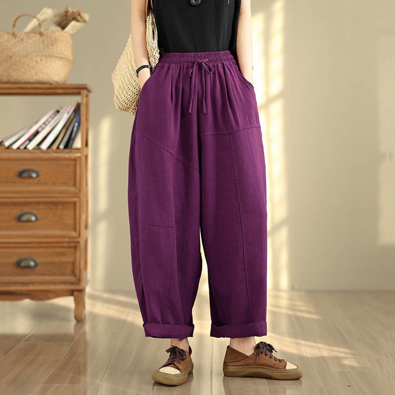 Pantaloni da donna in cotone e lino con coulisse, tinta unita, con tasche, modello Buddha Stones, lunghezza 7-8 - Magenta scuro - US12, UK/AU16, EU44 (2XL) - image 12