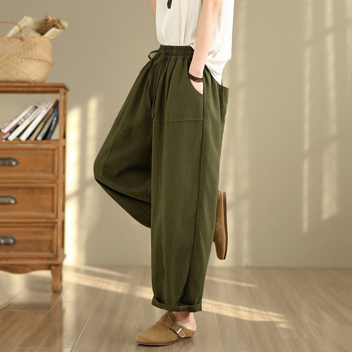 Pantaloni da donna in cotone e lino con coulisse, tinta unita, con tasche, modello Buddha Stones, lunghezza 7-8 - image 23