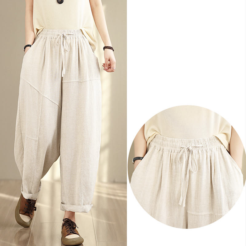 Pantaloni da donna in cotone e lino con coulisse, tinta unita, con tasche, modello Buddha Stones, lunghezza 7-8 - image 11