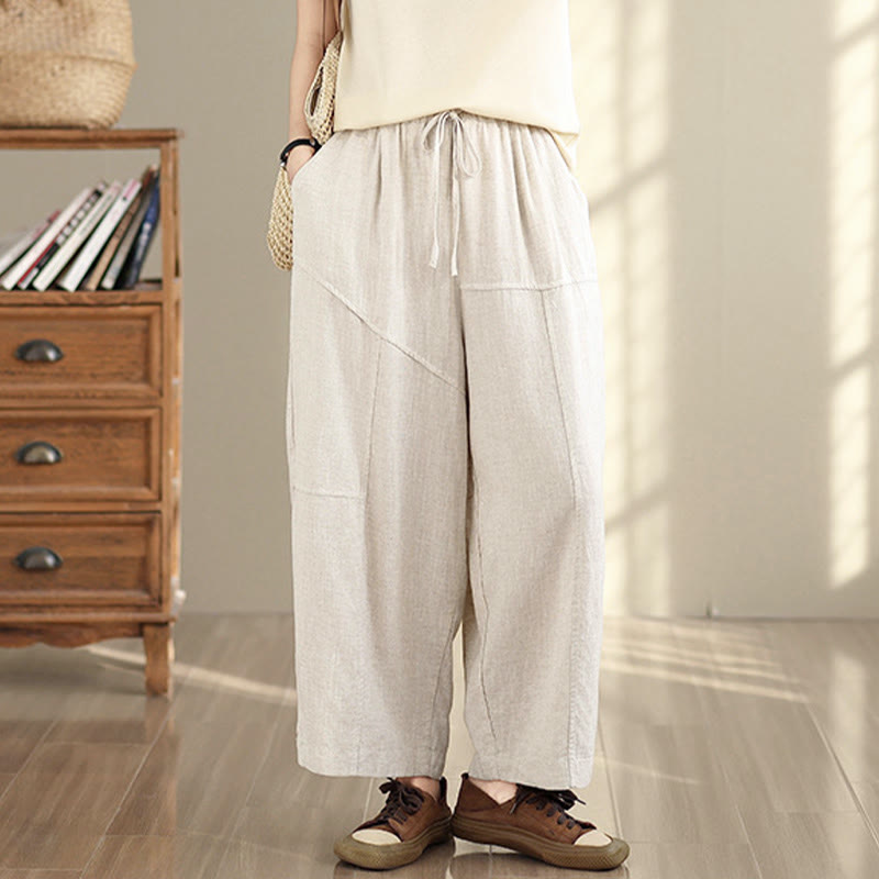 Pantaloni da donna in cotone e lino con coulisse, tinta unita, con tasche, modello Buddha Stones, lunghezza 7-8 - image 4