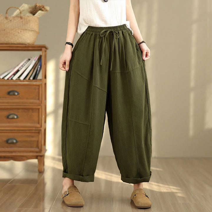 Pantaloni da donna in cotone e lino con coulisse, tinta unita, con tasche, modello Buddha Stones, lunghezza 7-8 - Verde oliva - US12, UK/AU16, EU44 (2XL) - image 19
