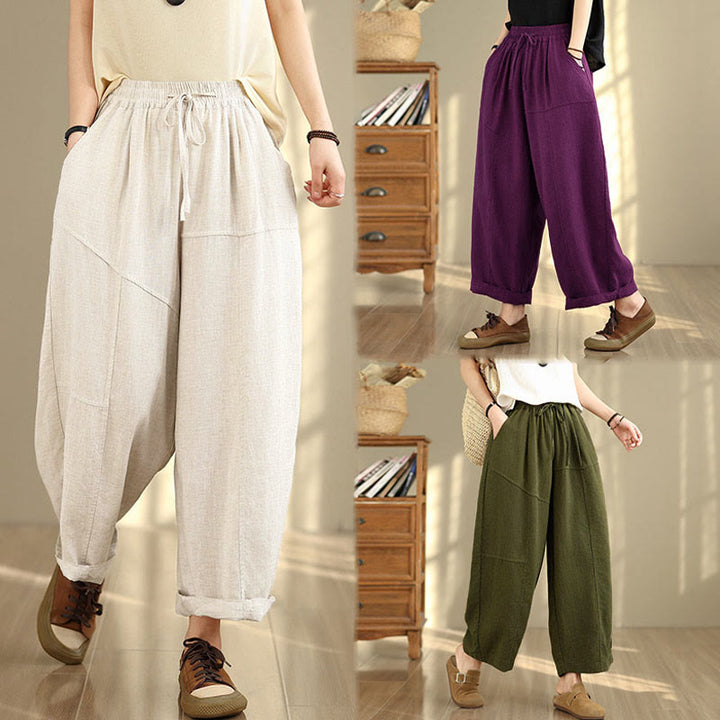 Pantaloni da donna in cotone e lino con coulisse, tinta unita, con tasche, modello Buddha Stones, lunghezza 7-8 - image 26