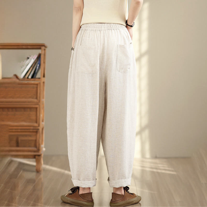 Pantaloni da donna in cotone e lino con coulisse, tinta unita, con tasche, modello Buddha Stones, lunghezza 7-8 - image 5