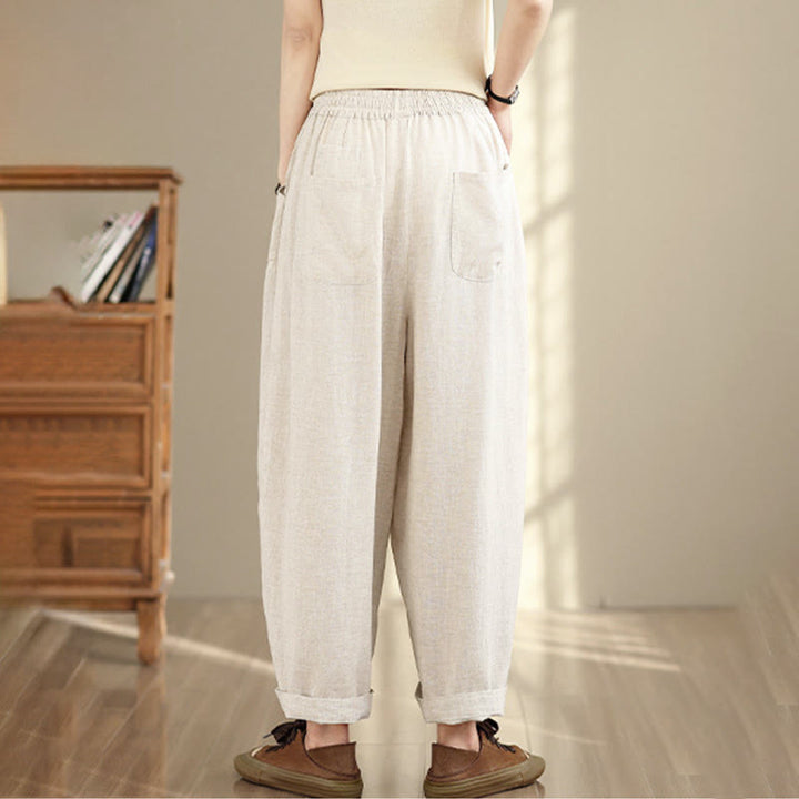 Pantaloni da donna in cotone e lino con coulisse, tinta unita, con tasche, modello Buddha Stones, lunghezza 7-8 - image 5