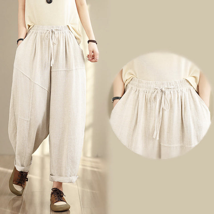 Pantaloni da donna in cotone e lino con coulisse, tinta unita, con tasche, modello Buddha Stones, lunghezza 7-8 - image 10