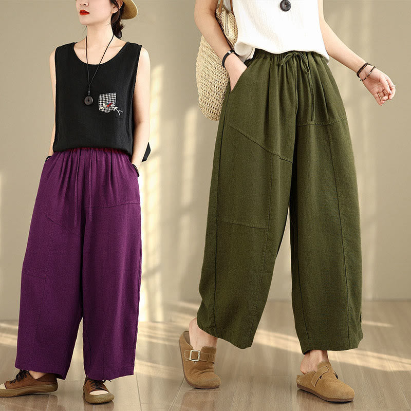 Pantaloni da donna in cotone e lino con coulisse, tinta unita, con tasche, modello Buddha Stones, lunghezza 7-8 - image 25