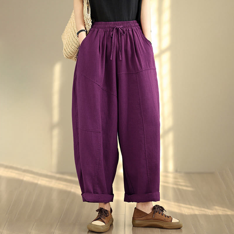 Pantaloni da donna in cotone e lino con coulisse, tinta unita, con tasche, modello Buddha Stones, lunghezza 7-8 - image 13