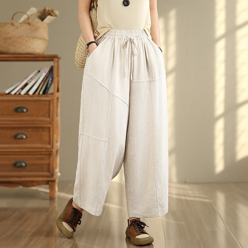 Pantaloni da donna in cotone e lino con coulisse, tinta unita, con tasche, modello Buddha Stones, lunghezza 7-8 - FlorealeBianco - US12, UK/AU16, EU44 (2XL) - image 0