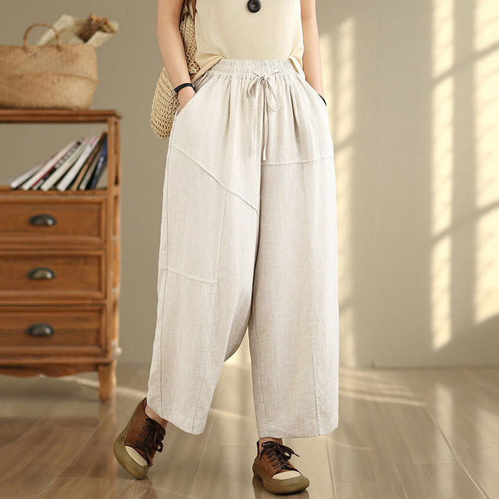 Pantaloni da donna in cotone e lino con coulisse, tinta unita, con tasche, modello Buddha Stones, lunghezza 7-8 - FlorealeBianco - US12, UK/AU16, EU44 (2XL) - image 0