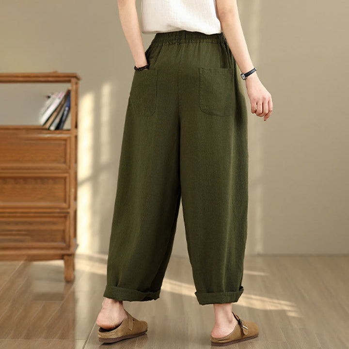 Pantaloni da donna in cotone e lino con coulisse, tinta unita, con tasche, modello Buddha Stones, lunghezza 7-8 - image 20