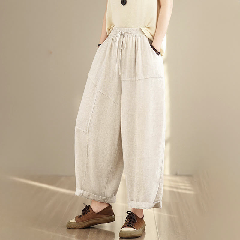 Pantaloni da donna in cotone e lino con coulisse, tinta unita, con tasche, modello Buddha Stones, lunghezza 7-8 - image 2
