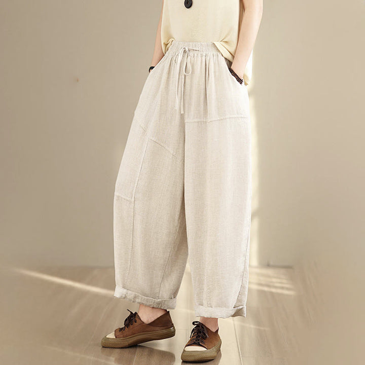 Pantaloni da donna in cotone e lino con coulisse, tinta unita, con tasche, modello Buddha Stones, lunghezza 7-8 - image 2