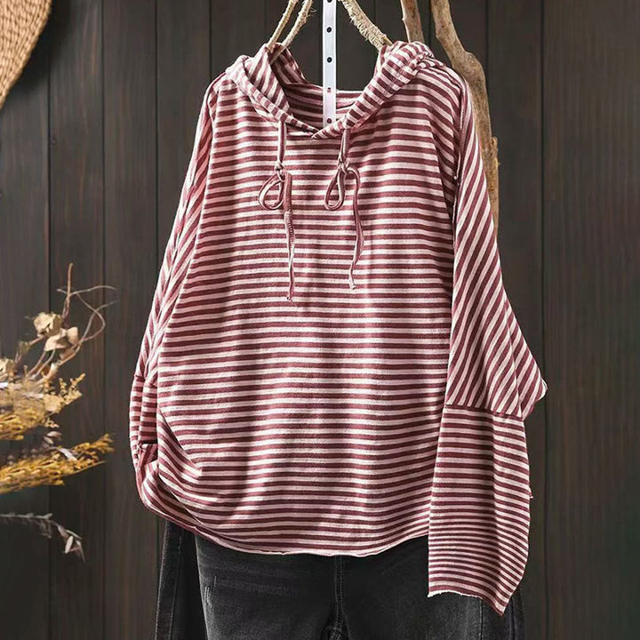 Felpa con cappuccio da donna in cotone a maniche lunghe con motivo a righe primaverili Buddha Stones - Rosso scuro - US4-8/10, UK/AU8-12/14, EU36-40/42 (F) - image 2