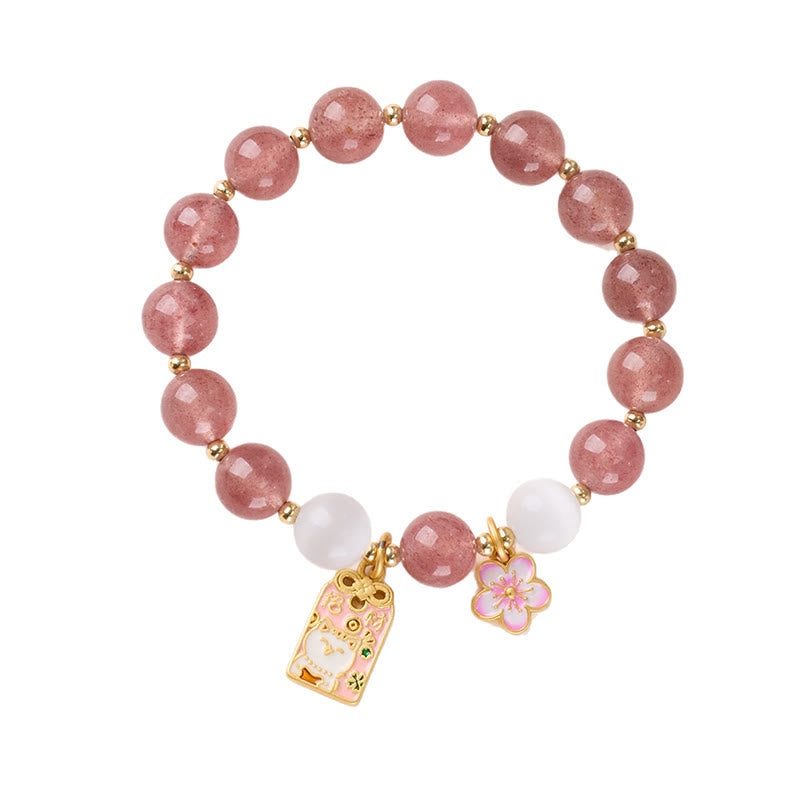 Braccialetto curativo con Buddha Stones, gatto portafortuna, fiori di pesco, quarzo fragola, occhio di gatto bianco - image 3