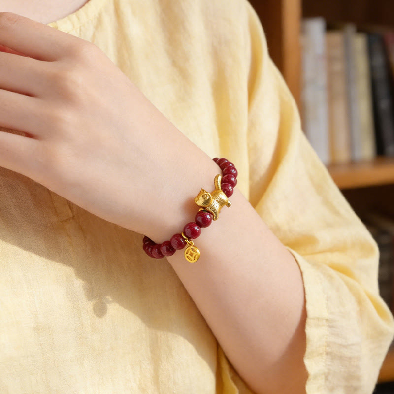 Braccialetto di perline con ciondolo a forma di gatto fortunato, granato e cinabro, protezione e calma , Buddha Stones - image 11