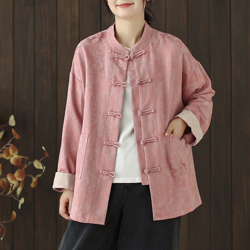 Camicia da donna in cotone a maniche lunghe con colletto rialzato, stampa floreale autunnale Buddha Stones, bottoni a rana - Rosa - US8-10, UK/AU12-14, EU40-42 (2XL) - image 0