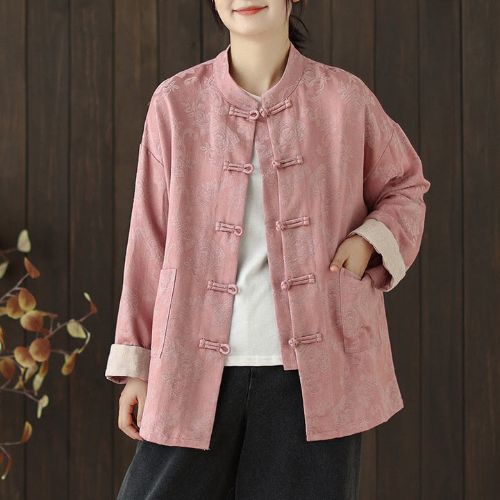 Camicia da donna in cotone a maniche lunghe con colletto rialzato, stampa floreale autunnale Buddha Stones, bottoni a rana - Rosa - US8-10, UK/AU12-14, EU40-42 (2XL) - image 0