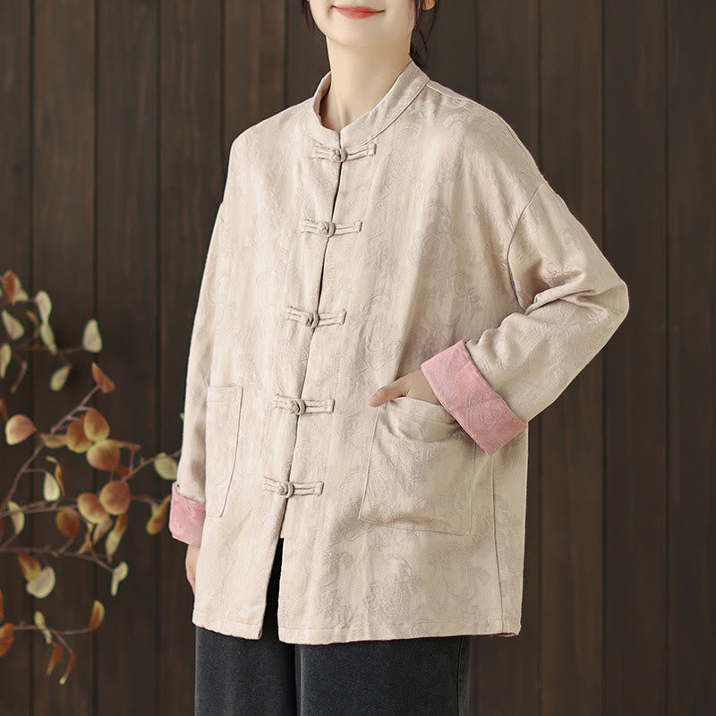 Camicia da donna in cotone a maniche lunghe con colletto rialzato, stampa floreale autunnale Buddha Stones, bottoni a rana - Beige - US8-10, UK/AU12-14, EU40-42 (2XL) - image 14