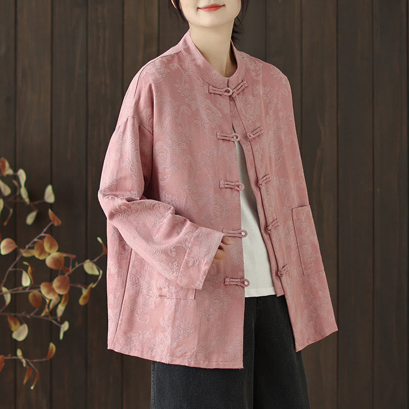 Camicia da donna in cotone a maniche lunghe con colletto rialzato, stampa floreale autunnale Buddha Stones, bottoni a rana - image 2