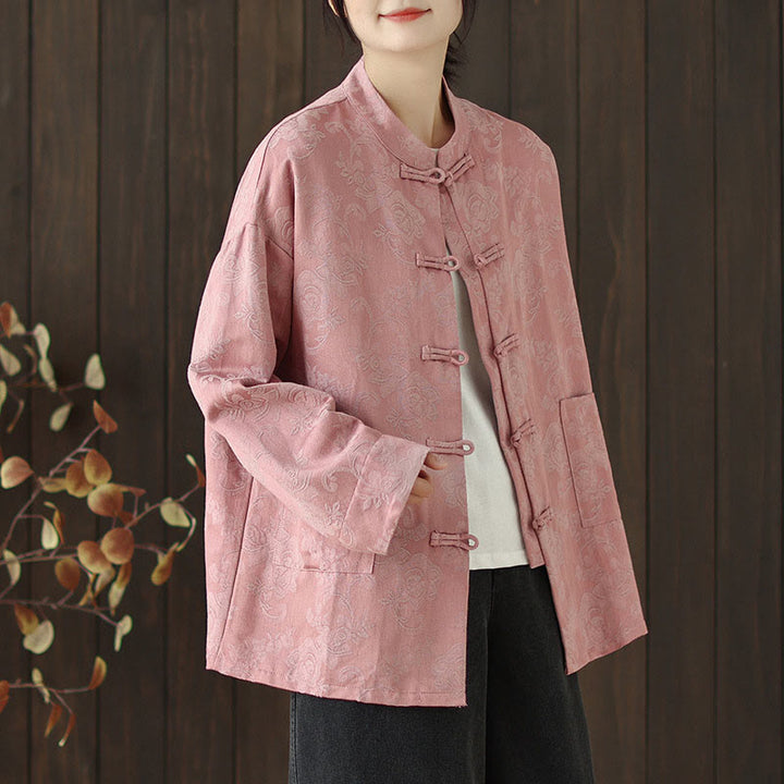 Camicia da donna in cotone a maniche lunghe con colletto rialzato, stampa floreale autunnale Buddha Stones, bottoni a rana - image 2