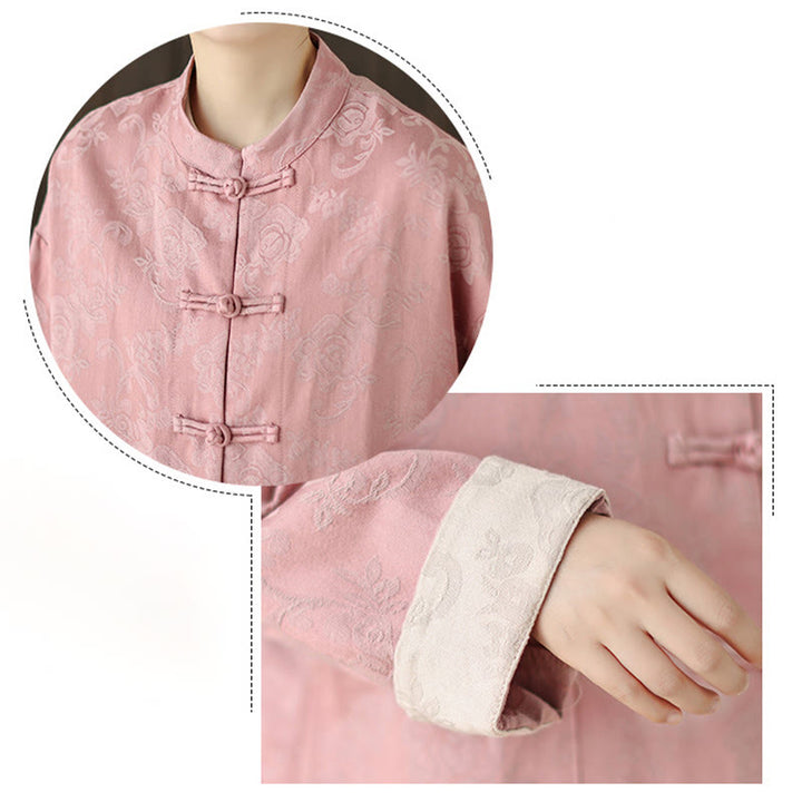 Camicia da donna in cotone a maniche lunghe con colletto rialzato, stampa floreale autunnale Buddha Stones, bottoni a rana - image 13