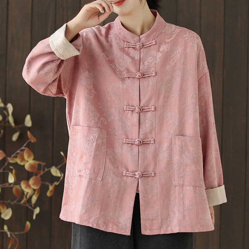 Camicia da donna in cotone a maniche lunghe con colletto rialzato, stampa floreale autunnale Buddha Stones, bottoni a rana - image 1