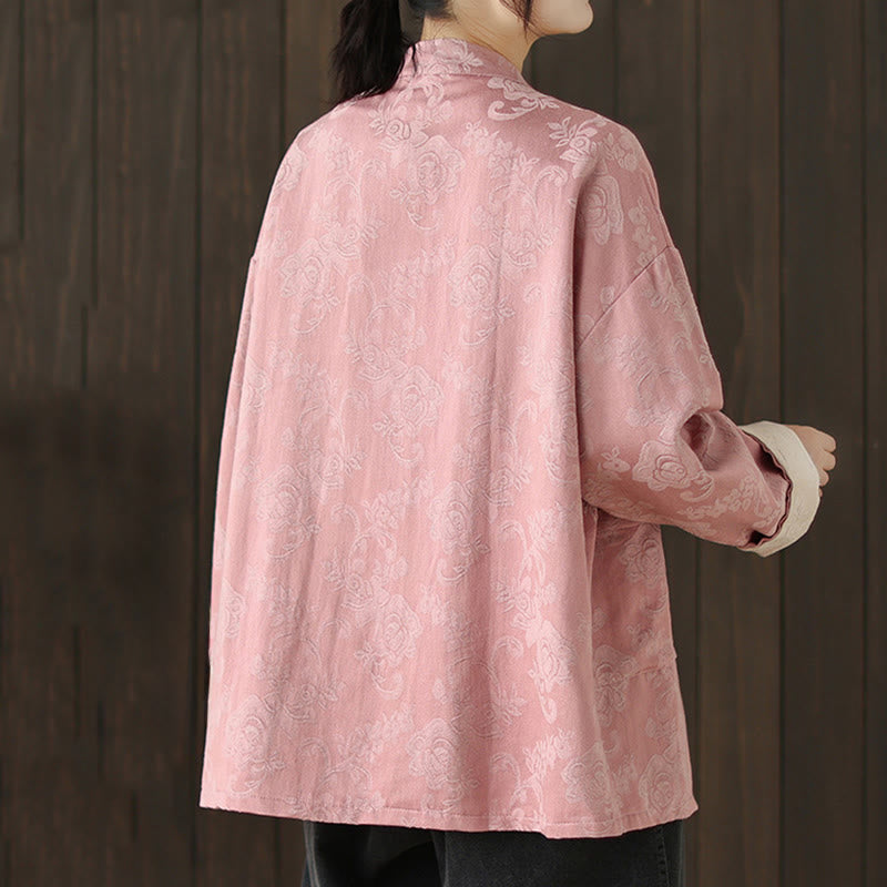 Camicia da donna in cotone a maniche lunghe con colletto rialzato, stampa floreale autunnale Buddha Stones, bottoni a rana - image 4