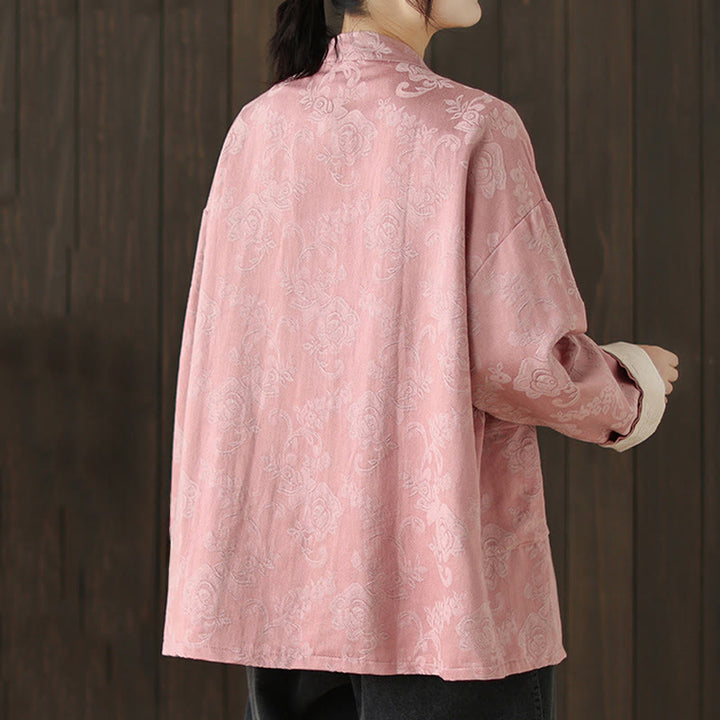 Camicia da donna in cotone a maniche lunghe con colletto rialzato, stampa floreale autunnale Buddha Stones, bottoni a rana - image 4