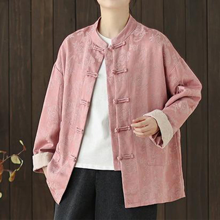 Camicia da donna in cotone a maniche lunghe con colletto rialzato, stampa floreale autunnale Buddha Stones, bottoni a rana - image 3