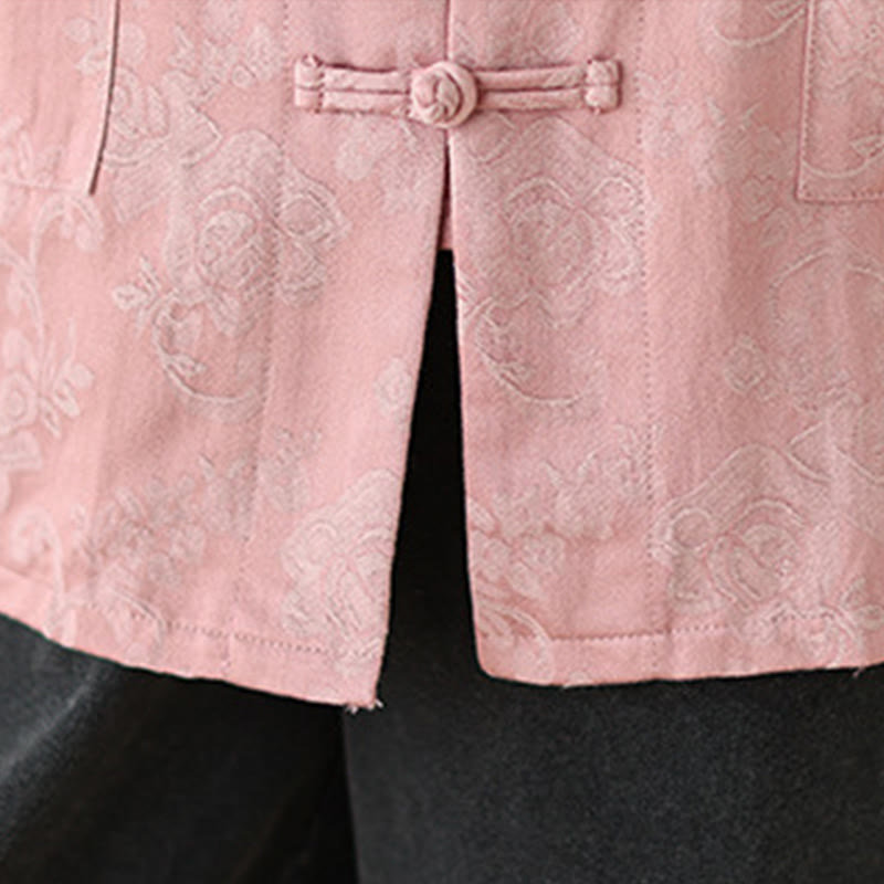 Camicia da donna in cotone a maniche lunghe con colletto rialzato, stampa floreale autunnale Buddha Stones, bottoni a rana - image 9