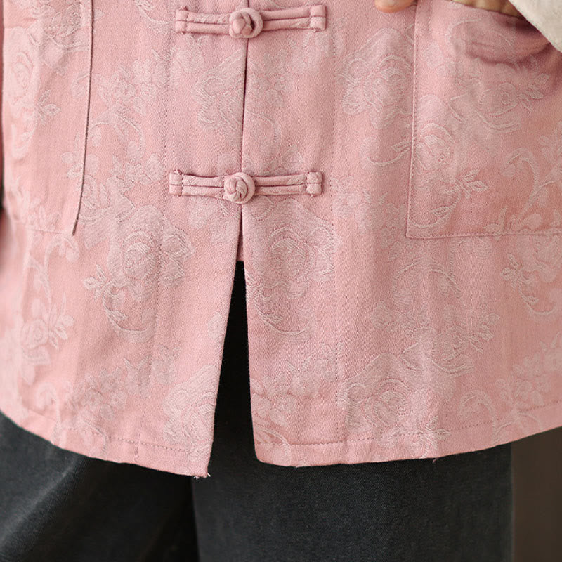 Camicia da donna in cotone a maniche lunghe con colletto rialzato, stampa floreale autunnale Buddha Stones, bottoni a rana - image 8