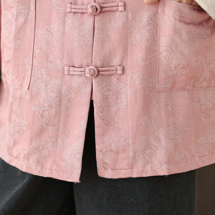 Camicia da donna in cotone a maniche lunghe con colletto rialzato, stampa floreale autunnale Buddha Stones, bottoni a rana - image 8