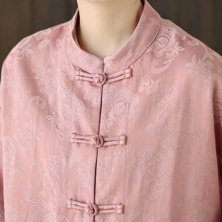 Camicia da donna in cotone a maniche lunghe con colletto rialzato, stampa floreale autunnale Buddha Stones, bottoni a rana - image 6