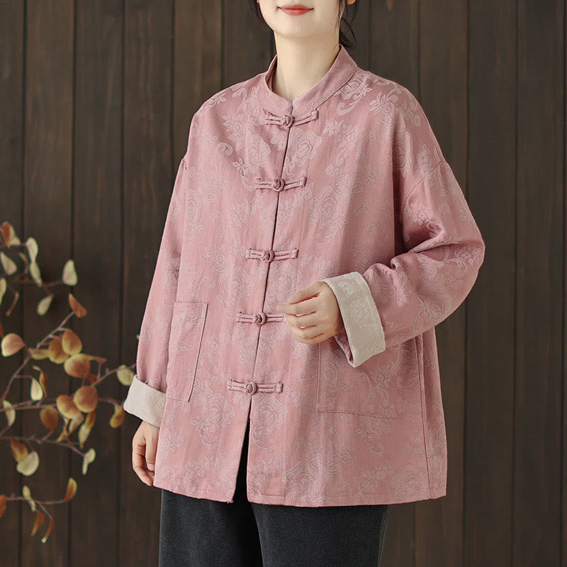 Camicia da donna in cotone a maniche lunghe con colletto rialzato, stampa floreale autunnale Buddha Stones, bottoni a rana - image 5