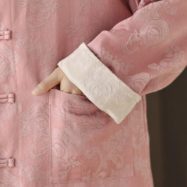 Camicia da donna in cotone a maniche lunghe con colletto rialzato, stampa floreale autunnale Buddha Stones, bottoni a rana - image 11