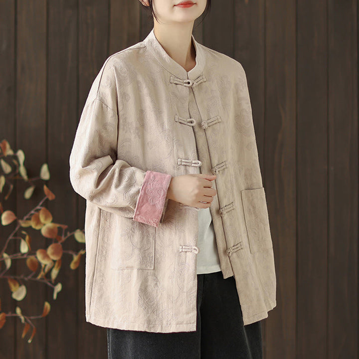 Camicia da donna in cotone a maniche lunghe con colletto rialzato, stampa floreale autunnale Buddha Stones, bottoni a rana - image 15