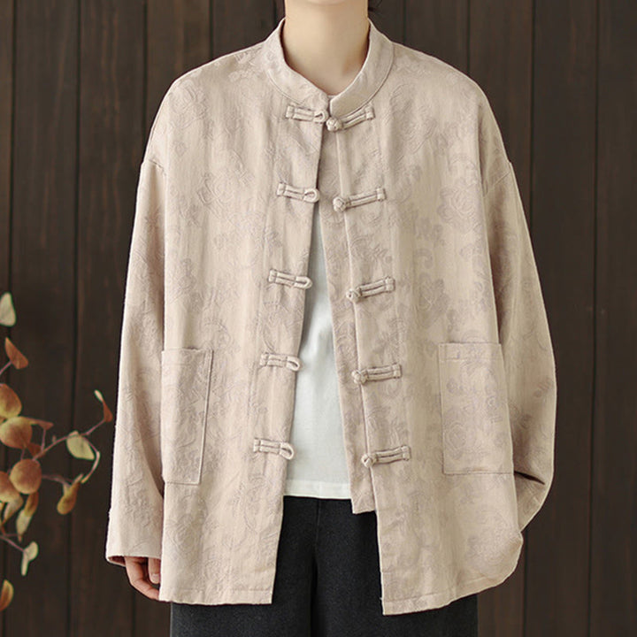 Camicia da donna in cotone a maniche lunghe con colletto rialzato, stampa floreale autunnale Buddha Stones, bottoni a rana - image 17