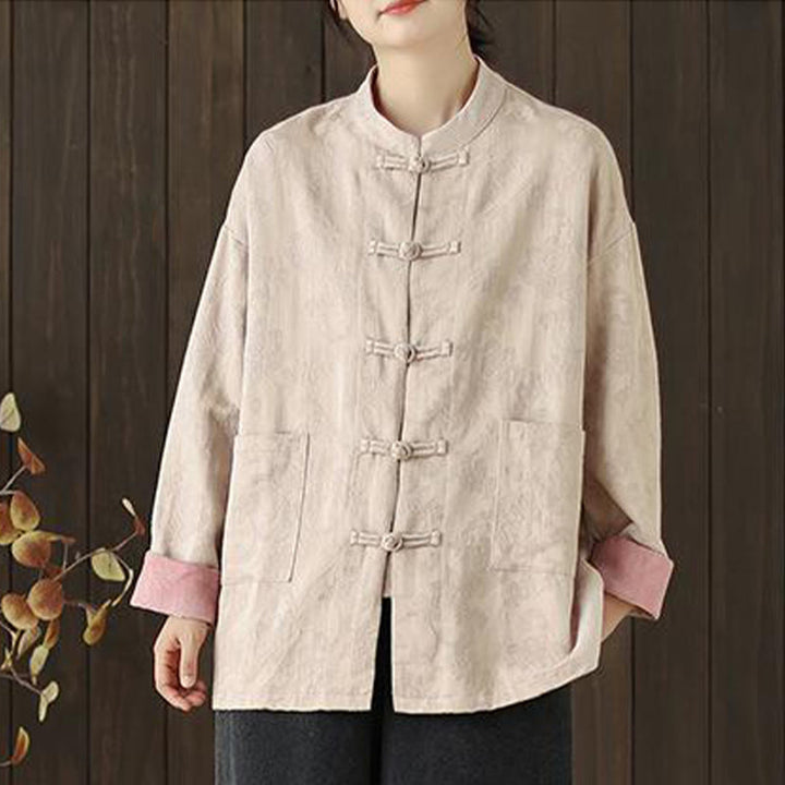 Camicia da donna in cotone a maniche lunghe con colletto rialzato, stampa floreale autunnale Buddha Stones, bottoni a rana - image 16