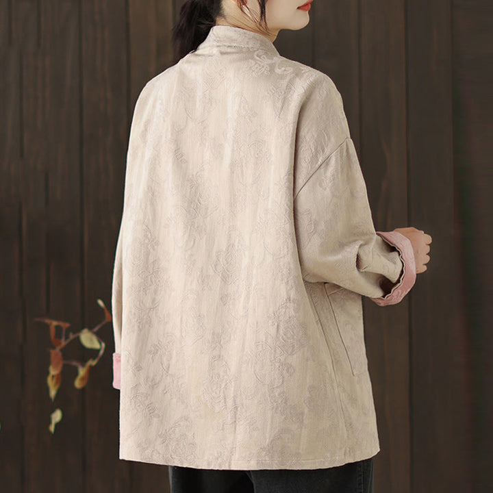 Camicia da donna in cotone a maniche lunghe con colletto rialzato, stampa floreale autunnale Buddha Stones, bottoni a rana - image 18