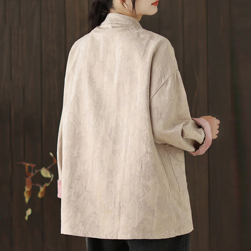 Camicia da donna in cotone a maniche lunghe con colletto rialzato, stampa floreale autunnale Buddha Stones, bottoni a rana - image 18