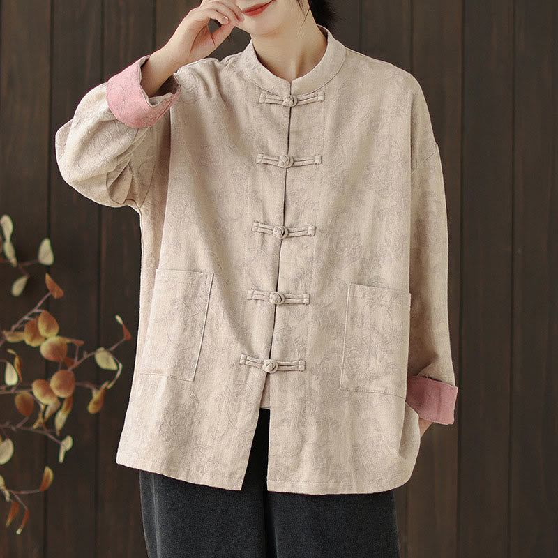 Camicia da donna in cotone a maniche lunghe con colletto rialzato, stampa floreale autunnale Buddha Stones, bottoni a rana - image 19