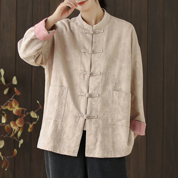 Camicia da donna in cotone a maniche lunghe con colletto rialzato, stampa floreale autunnale Buddha Stones, bottoni a rana - image 19