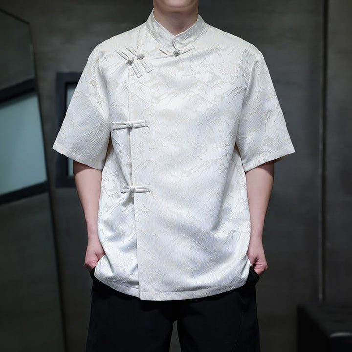 Camicia da uomo a maniche corte in cotone con bottoni cinesi e motivo a rana, motivo Buddha Stones Summer Mountain - Bianco - US/UK/AU42, EU52 (3XL) - image 0