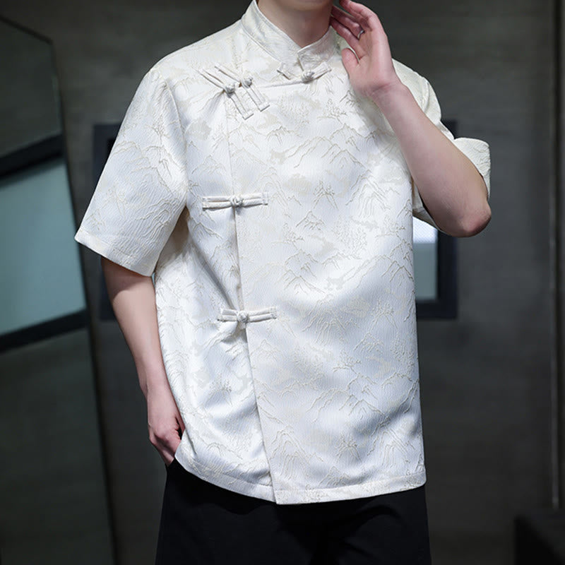 Camicia da uomo a maniche corte in cotone con bottoni cinesi e motivo a rana, motivo Buddha Stones Summer Mountain - image 1