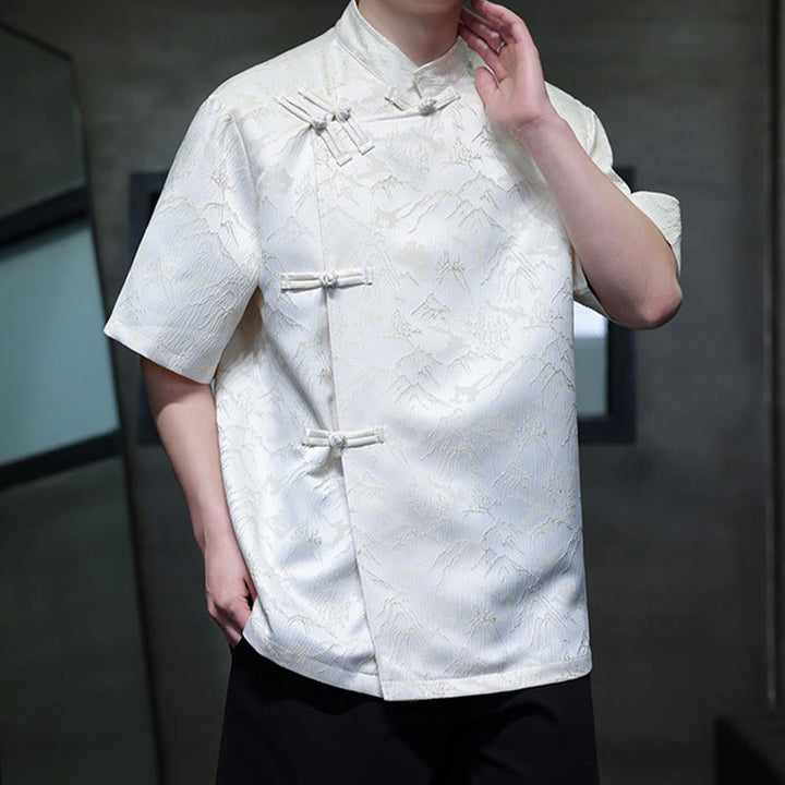 Camicia da uomo a maniche corte in cotone con bottoni cinesi e motivo a rana, motivo Buddha Stones Summer Mountain - image 1