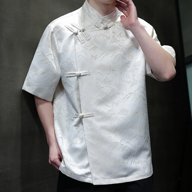 Camicia da uomo a maniche corte in cotone con bottoni cinesi e motivo a rana, motivo Buddha Stones Summer Mountain - image 4