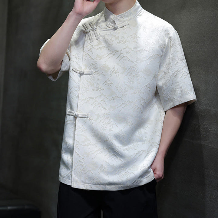 Camicia da uomo a maniche corte in cotone con bottoni cinesi e motivo a rana, motivo Buddha Stones Summer Mountain - image 6