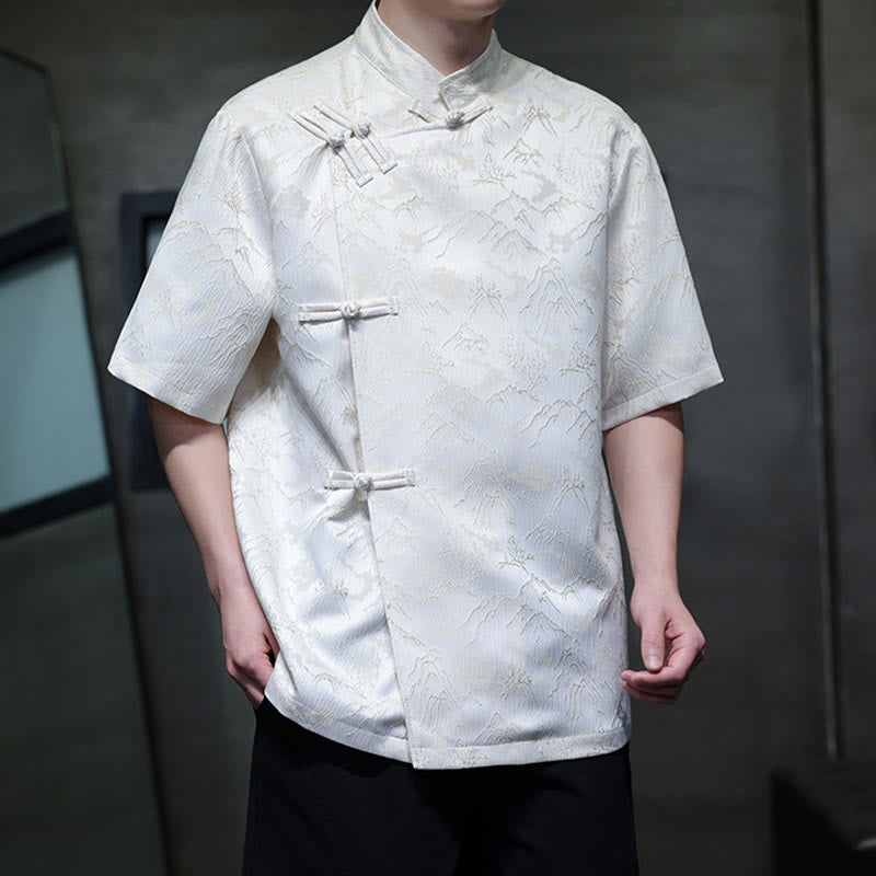 Camicia da uomo a maniche corte in cotone con bottoni cinesi e motivo a rana, motivo Buddha Stones Summer Mountain - image 2