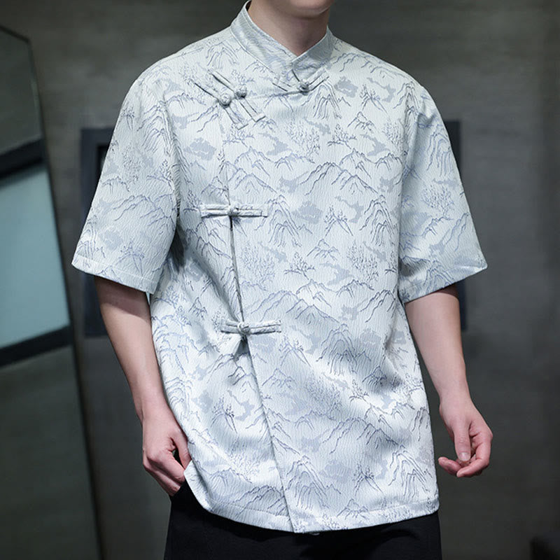 Camicia da uomo a maniche corte in cotone con bottoni cinesi e motivo a rana, motivo Buddha Stones Summer Mountain - image 9